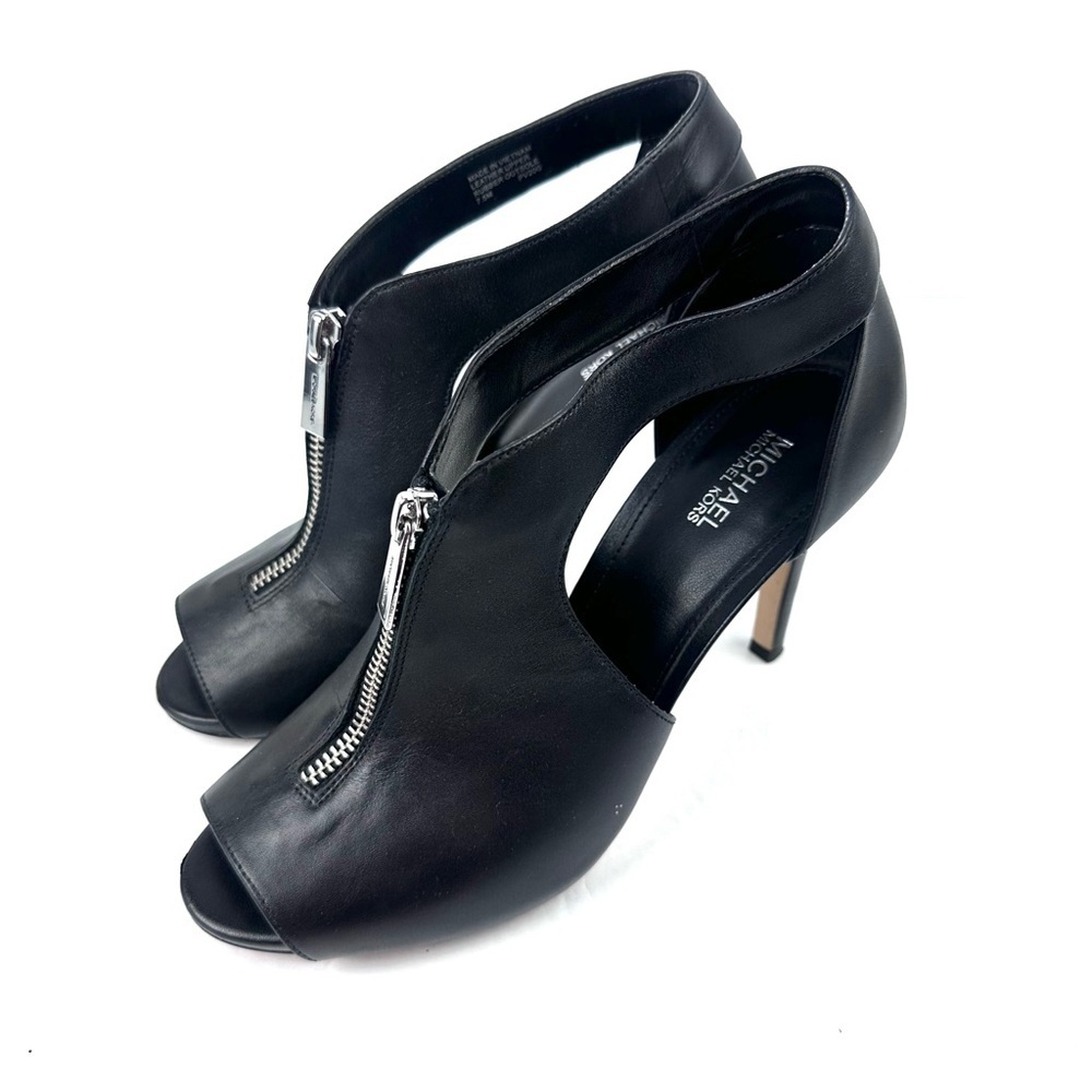 Michael Kors Clara Heel 7.5 Black Leather Peep Toe Zip‎ Up Womens Shoes
